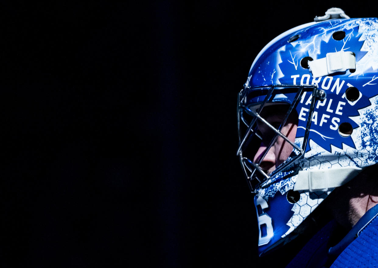 TORONTO, ON - FEBRUARY 7: Jack Campbell #36 of the Toronto Maple Leafs gets ready for the start of the second period against the Anaheim Ducks at the Scotiabank Arena on February 7, 2020 in Toronto, Ontario, Canada. (Photo by Mark Blinch/NHLI via Getty Images)