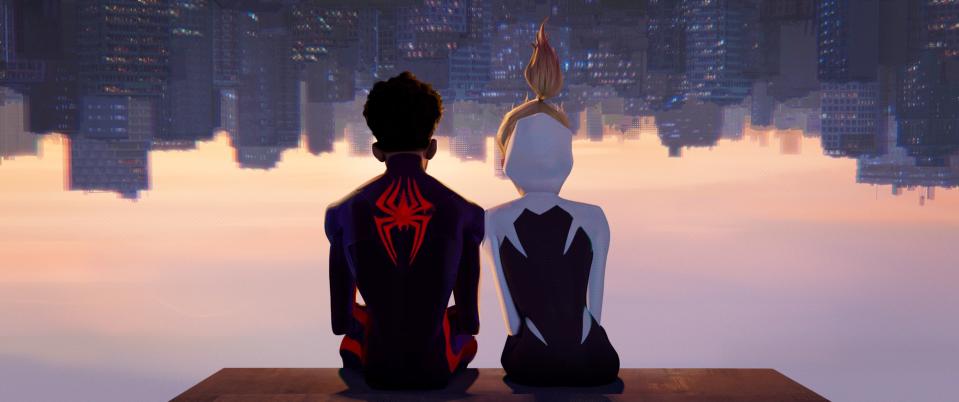 SPIDER-MAN: ACROSS THE SPIDER-VERSE  PART ONE, from left: Spider-Man (voice: Shameik Moore), Spider-Gwen (voice: Hailee Steinfeld), 2023. © Sony Pictures Releasing / © Marvel Entertainment / Courtesy Everett Collection