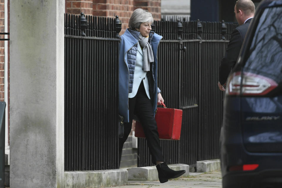 Britain's Prime Minister Theresa May leaves 10 Downing Street, in London, Friday, Jan. 18, 2019. Talks to end Britain's Brexit stalemate appeared deadlocked Friday, with neither Prime Minister Theresa May nor the main opposition leader shifting from their entrenched positions. (Stefan Rousseau/PA via AP)