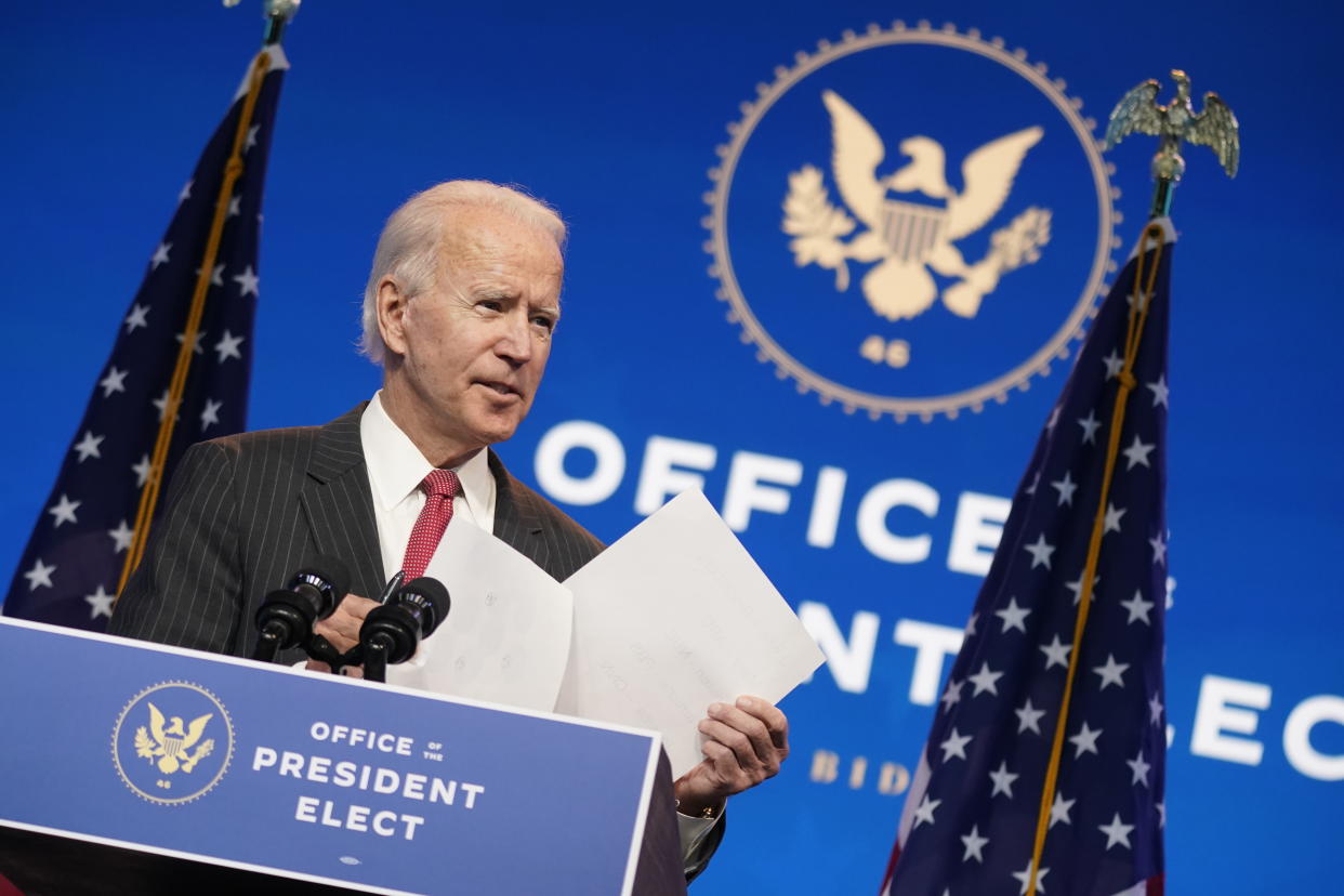 President-elect Joe Biden, accompanied by Vice President-elect Kamala Harris, speaks at The Queen theater, Thursday, Nov. 19, 2020, in Wilmington, Del. (AP Photo/Andrew Harnik)