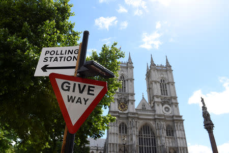 FILE PHOTO: A sign points towards a polling station in Westminster the day before a general election, in central London, Britain June 7, 2017. REUTERS/Clodagh Kilcoyne/File Photo