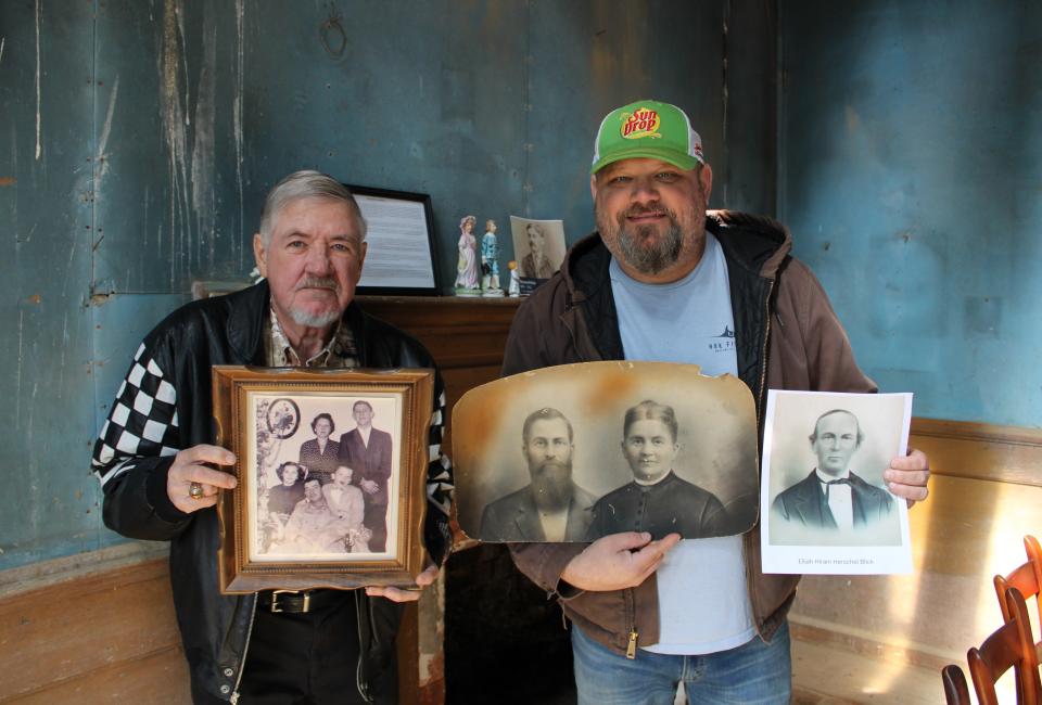 Five of nine generations, stewards of the historic Blick Plantation in Lawrenceville, Virginia, appear in this image. Earl Blick and his son Richard hold family portraits.