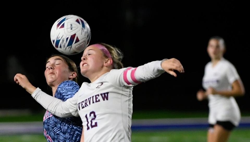 Riverview's Alyssa Gancitano (#12) and North Port's Dani Van Deusen (#5) battle for the ball. Riverview had a 2-1 come-from-behind victory over the North Port Bobcats in the Class 7A-District 8 final Wednesday night at The Preserve in North Port.