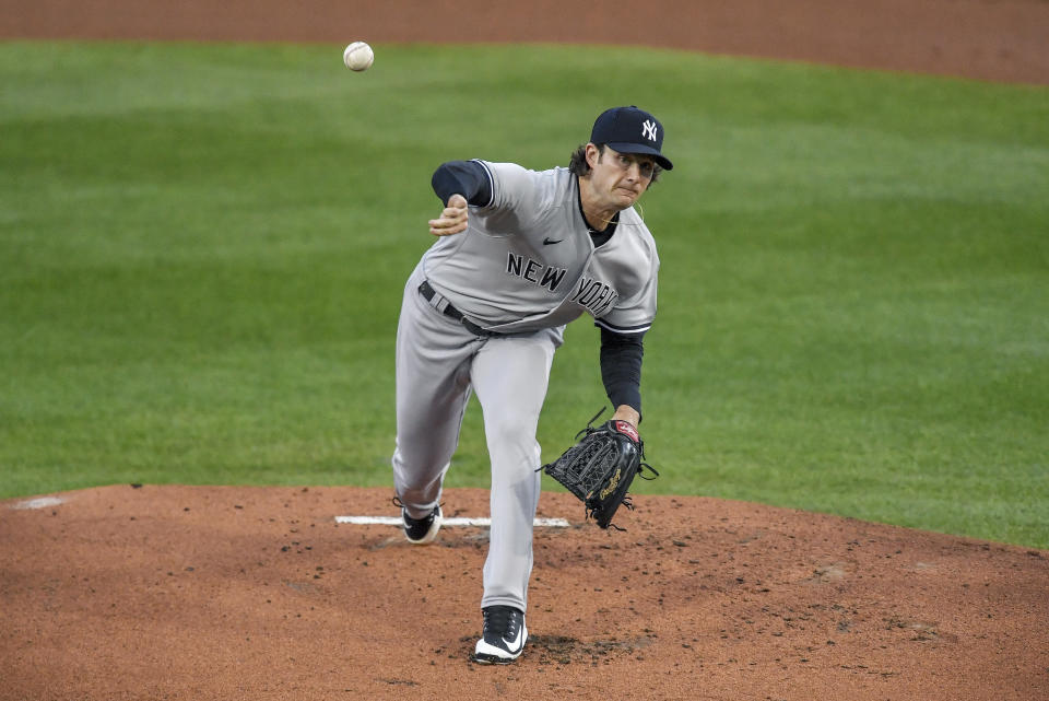 New York Yankees starting pitcher Gerrit Cole throws to a Toronto Blue Jays batter during the first inning of a baseball game in Buffalo, N.Y., Tuesday, Sept. 22, 2020. (AP Photo/Adrian Kraus)