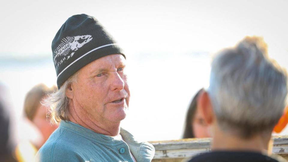 Dale Wiggins, facilities director of Harmony Coast Aquaculture Institute, speaks to a group of Cal Poly science students on a tour of the former abalone farm north of Cayucos on Feb. 6, 2023.