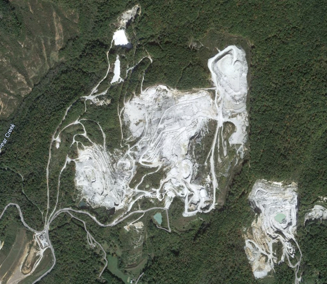 An aerial look at the mines in Spruce Pine, North Carolina. Google Maps