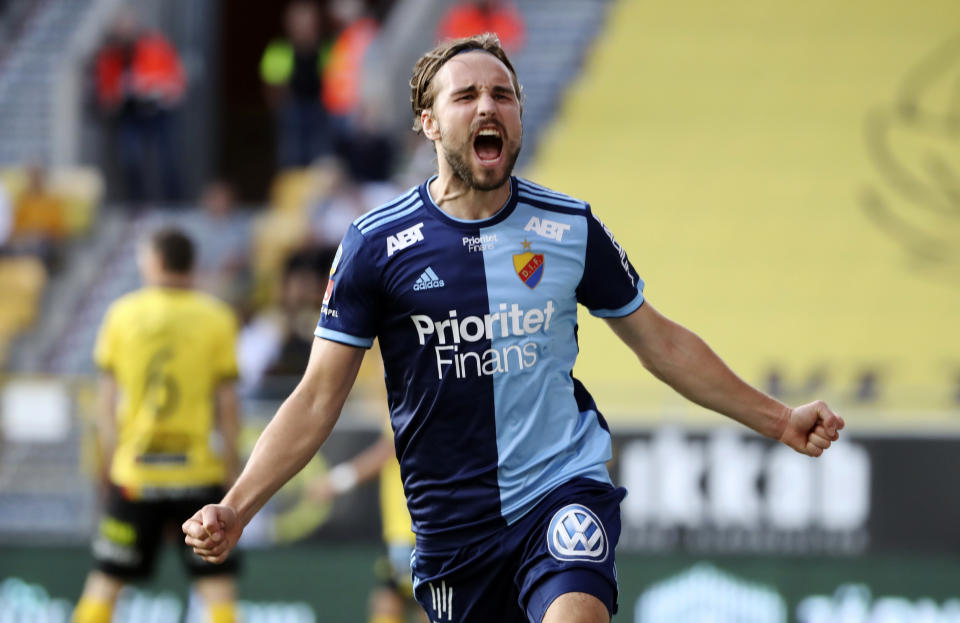 FILE - In this Aug. 5, 2019 file photo Djurgardens player Kevin Walker celebrates after scoring during the match between IF Elfsborg and Djurgardens IF at Boras arena, in Boras, Sweden. Swedish soccer player Kevin Walker was thrust into the national consciousness when he won the country’s biggest reality talent show in 2013 but he chose to stay in soccer rather than chase more music fame. (Adam Ihse/TT via AP, File)