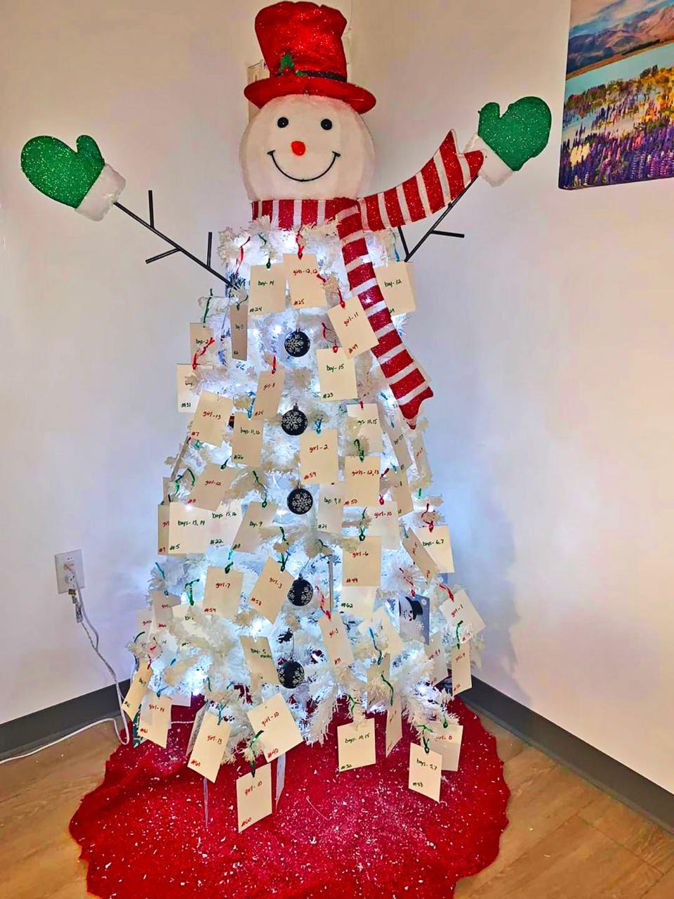 This snowman giving tree is located in the Pueblo West Metro District water office at 20 W. Palmer Lake Drive. Residents can grab a tag and return a gift by Dec. 8 to help Pueblo County School District 70 students in need.
