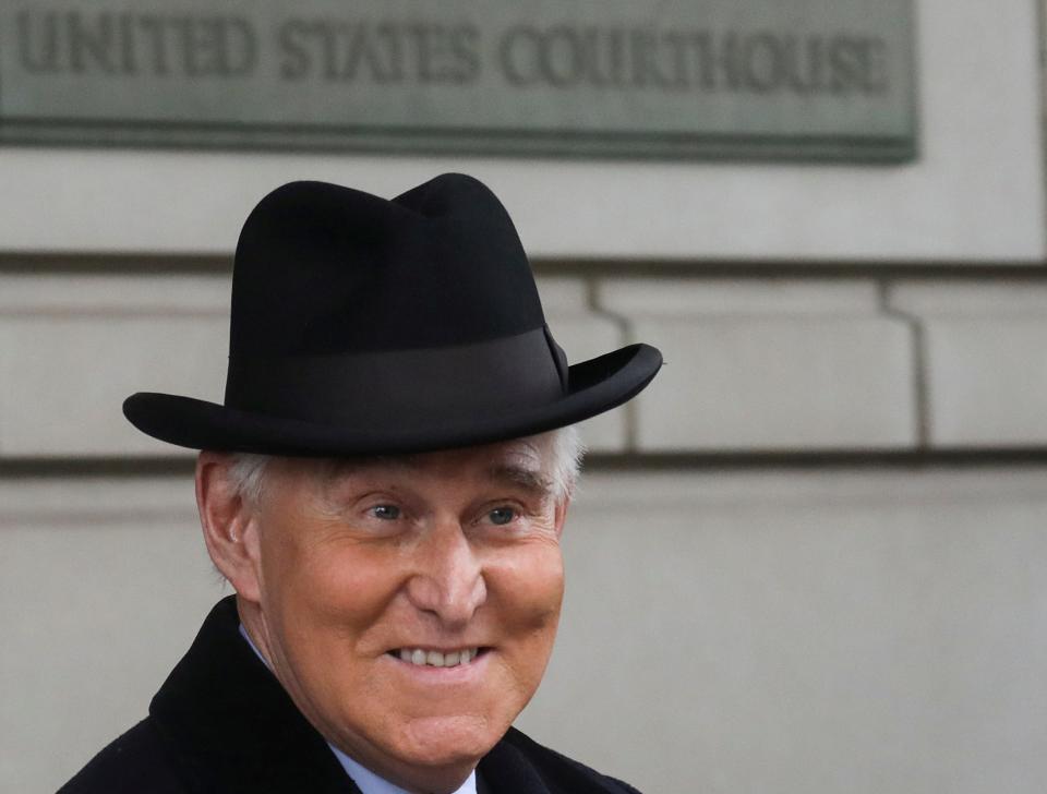 FILE PHOTO - Former Trump campaign adviser Roger Stone departs after he was sentenced to three years and four months in prison for charges that include lying to Congress, obstruction of justice and witness tampering, at U.S. District Court in Washington, U.S., February 20, 2020. REUTERS/Leah Millis  