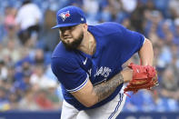 Toronto Blue Jays starting pitcher Alek Manoah throws to a Baltimore Orioles batter during the first inning of a baseball game Tuesday, Aug. 16, 2022, in Toronto. (Jon Blacker/The Canadian Press via AP)