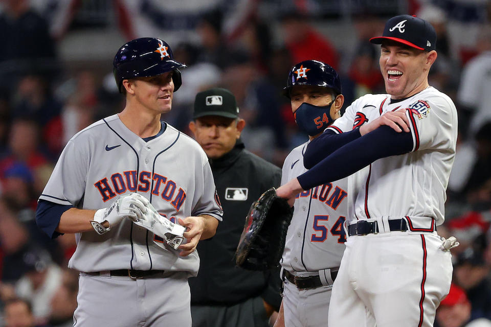 Freddie Freeman與敲安的對手Zack Greinke。（Photo by Kevin C. Cox/Getty Images）