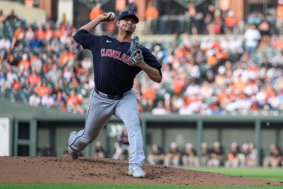 Jun 26, 2024; Baltimore, Maryland, USA; Cleveland Guardians pitcher Carlos Carrasco (59) throws a pitch during the first inning against the Baltimore Orioles at Oriole Park at Camden Yards. Mandatory Credit: Reggie Hildred-USA TODAY Sports