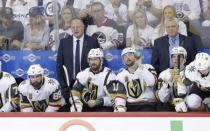 May 20, 2018; Winnipeg, Manitoba, CAN; Vegas Golden Knights head coach Gerard Gallant in the third period in game five of the Western Conference Final of the 2018 Stanley Cup Playoffs against the Winnipeg Jets at Bell MTS Place. Mandatory Credit: James Carey Lauder-USA TODAY Sports