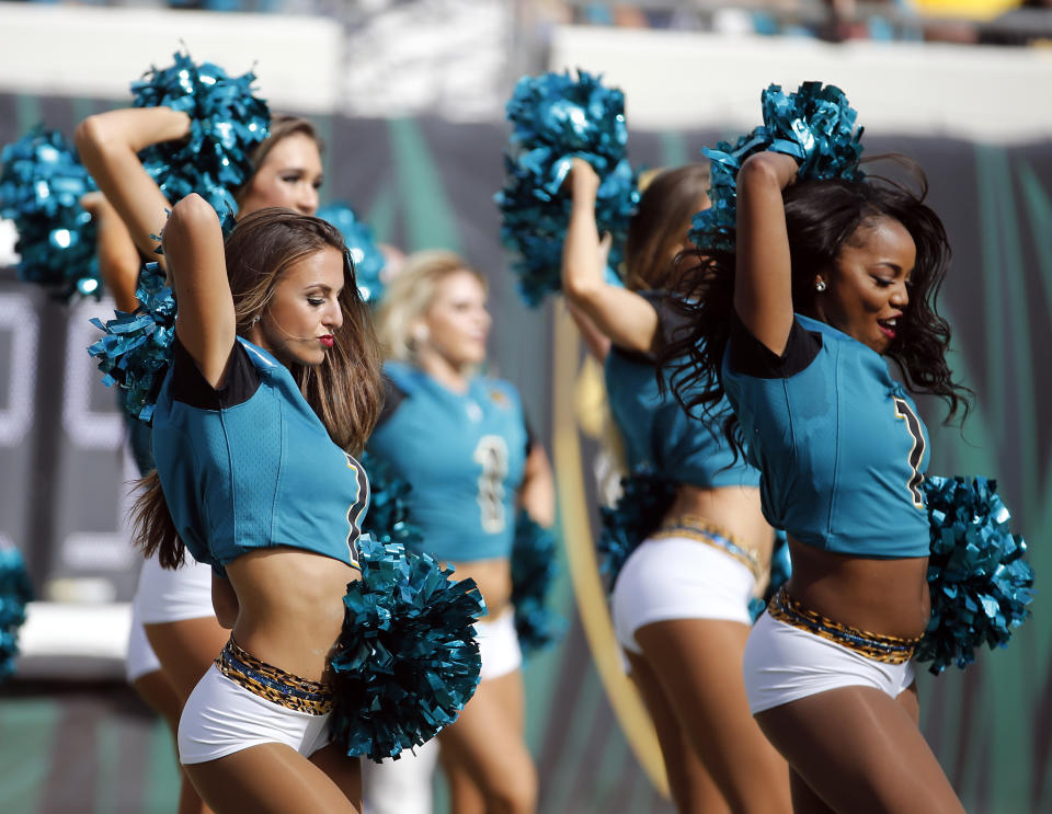 <p>Jacksonville Jaguars cheerleaders perform during the first half of an NFL football game against the Cincinnati Bengals, Sunday, Nov. 5, 2017, in Jacksonville, Fla. (AP Photo/Stephen B. Morton) </p>