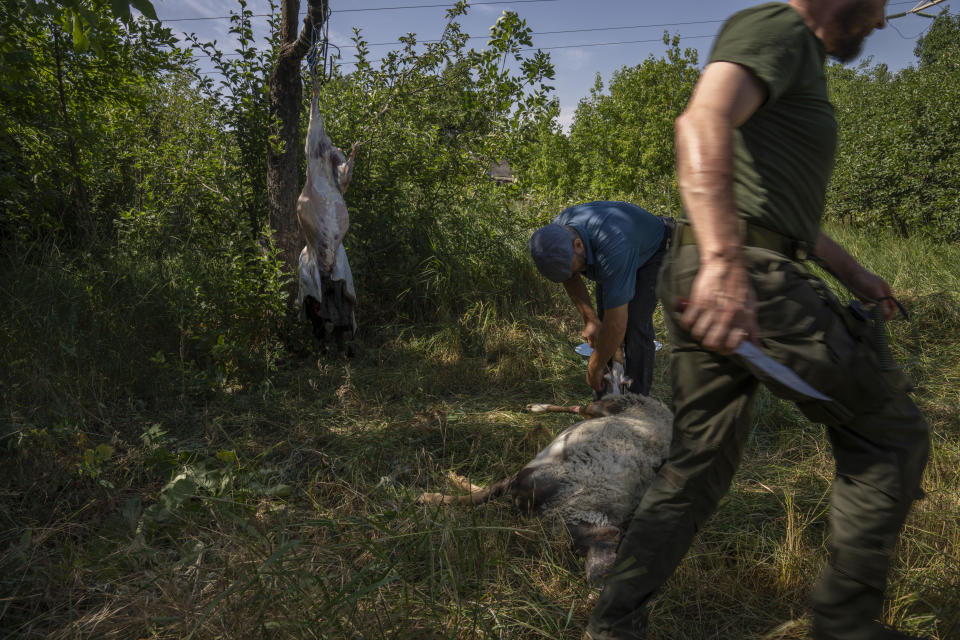 Muslim men sacrifice a sheep, after prayers on the first day of Eid al-Adha, in Medina Mosque, Konstantinovka, eastern Ukraine, Saturday, July 9, 2022. (AP Photo/Nariman El-Mofty)