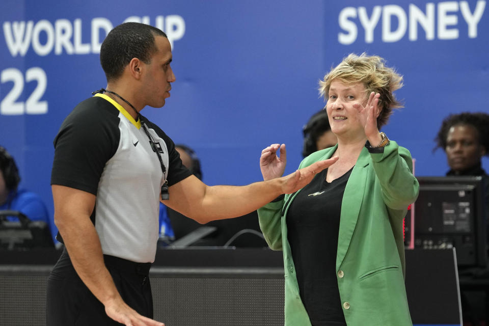 Serbia's coach Marina Malkovic, right, talks with a referee during their game against Mali at the women's Basketball World Cup in Sydney, Australia, Monday, Sept. 26, 2022. (AP Photo/Rick Rycroft)