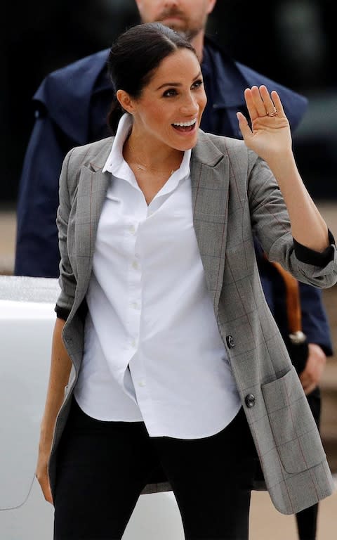 Meghan, Duchess of Sussex wears a jacket from Serena Williams' clothing range - Credit: Reuters