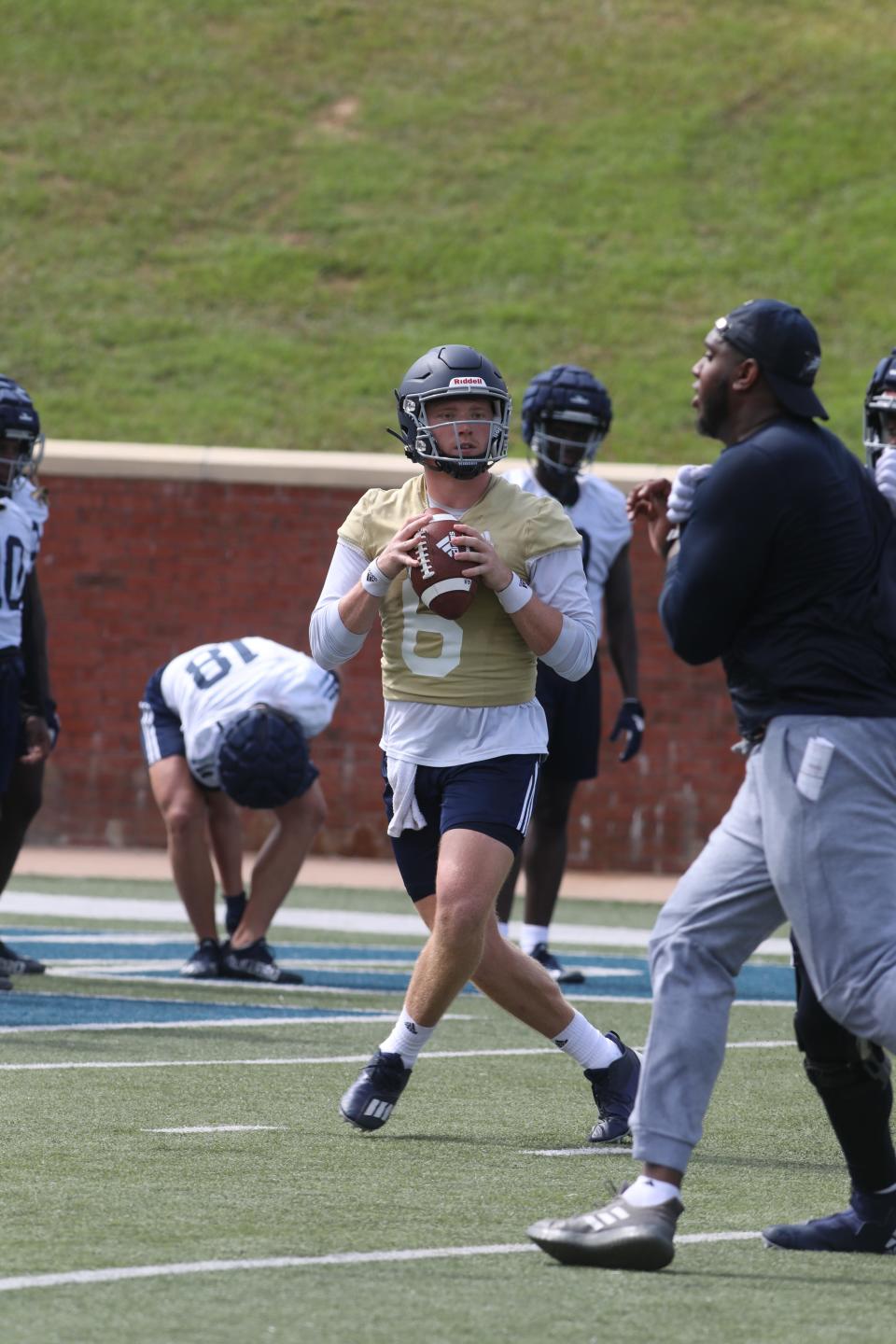 Quarterback Kyle Vantrease (6), a sixth-year player who transferred to Georgia Southern from Buffalo, looks to pass during the first practice of the fall on Aug. 3, 2022.