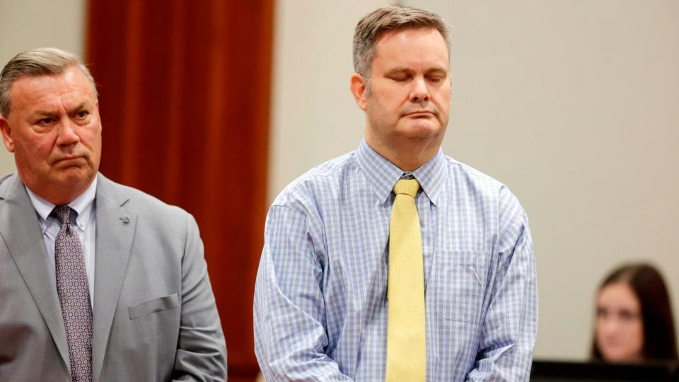 PHOTO: Chad Daybell, right, stands with defense lawyer John Prior after the jury's verdict in his murder trial is read at the Ada County Courthouse in Boise, Idaho, on May 30, 2024.  (Kyle Green/AP)