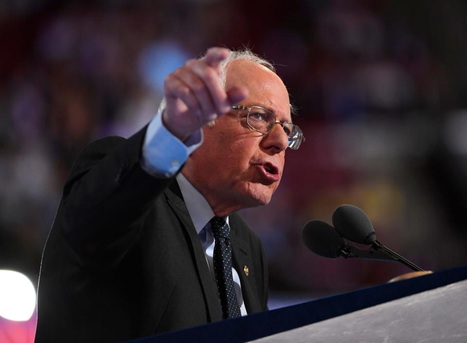 Sen. Bernie Sanders speaks during the 2016 Democratic National Convention in Philadelphia on July 25, 2016.