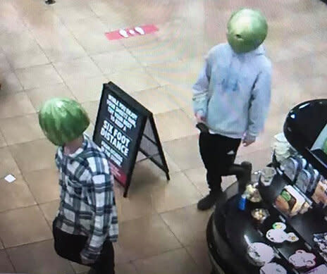 Two men wearing watermelon rinds robbed a convenience store in Louisa, Virginia. (Photo: Louisa Police Department)