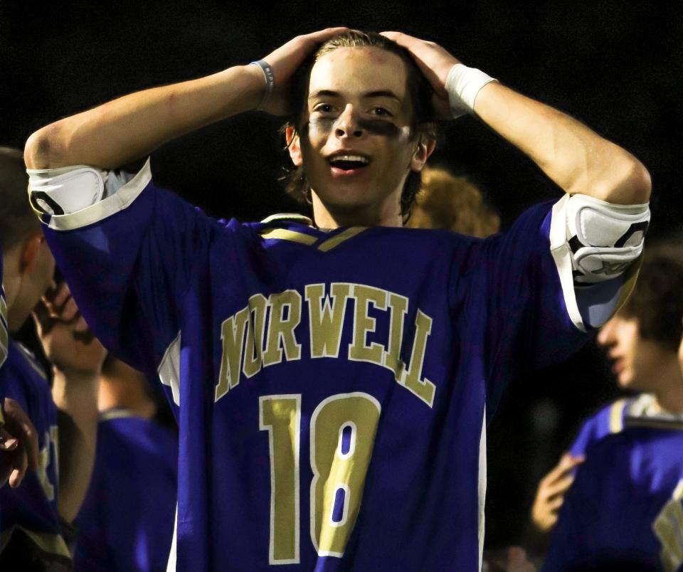 Norwell's William Higgins reacts after the Clippers won the Division 3 state title game against Medfield at Worcester State University on Wednesday, June 22, 2022.