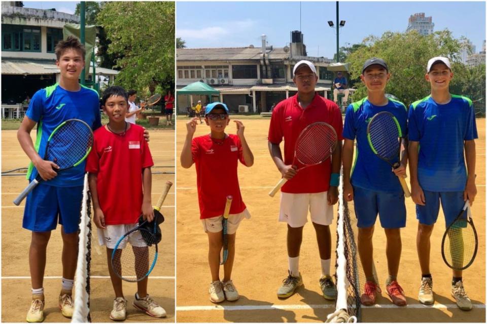 Singapore tennis player Bill Chan (left pic, right) competed with his peers at the 2019 Asia/Oceania Pre-qualifying World Junior Tennis tournament in Colombo, Sri Lanka. (PHOTOS: Bill Chan)