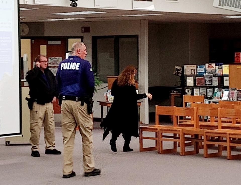 School resource officers again escorted visitor Maria Rotella from the Feb. 12, 2024, Wallenpaupack school board meeting after she declined to yield to the five-minute time limit for public comment. The same thing occurred at the meeting in June 2023.