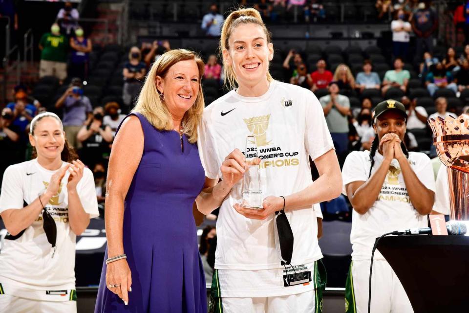 WNBA Commissioner, Cathy Engelbert poses for a photo with Breanna Stewart #30 of the Seattle Storm during the WNBA Commissioner's Cup Game on August 12, 2021 at Footprint Center in Phoenix, Arizona