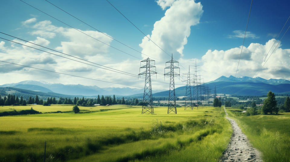 A view of the power lines passing through the landscape pointing towards a distant industrial facility.