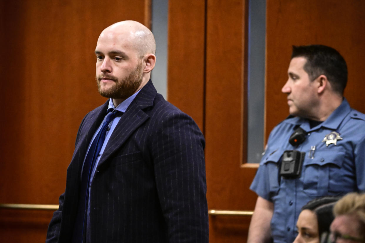 Former Aurora Police officer Jason Rosenblatt at an arraignment in the Adams County district court at the Adams County Justice Center in Brighton, Colo., on Jan. 20, 2023. (Andy Cross / The Denver Post via Getty Images file)