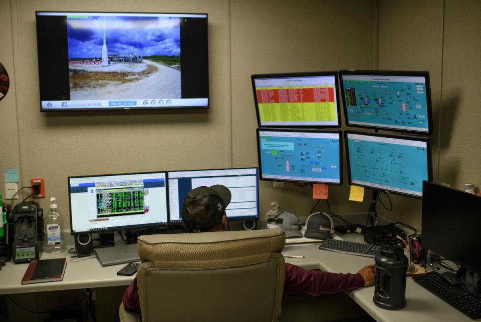 Beaumont, Texas: A worker monitors the hydrogen storage at the largest hydrogen storage facility September 5, 2023 in Beaumont, Texas. Mark Felix/The Texas Tribune