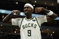 Milwaukee Bucks' Bobby Portis reacts after being fouled during the second half of an NBA basketball game against the Miami Heat Saturday, Dec. 4, 2021, in Milwaukee. (AP Photo/Morry Gash)