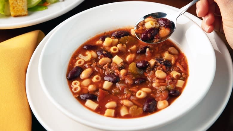 Large white bowl of pasta e fagioli soup