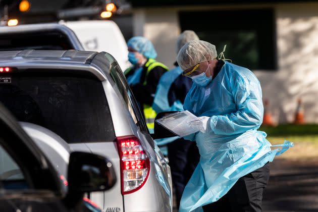 Tests are carried out at a pop-up COVID-19 testing clinic at Victoria Park in Picton on July 14, 2020 in Sydney, Australia. 