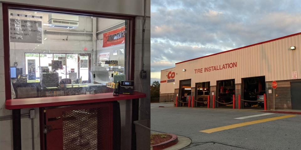 Window looking into tire center at BJ's and outside of Costco building and tire center