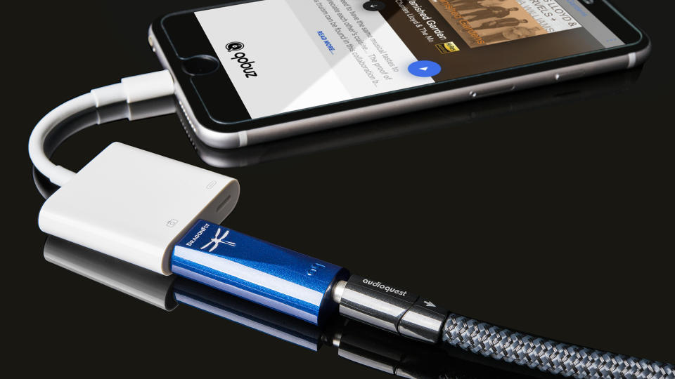 Audioquest DragonFly Cobalt connected to a phone via a dongle