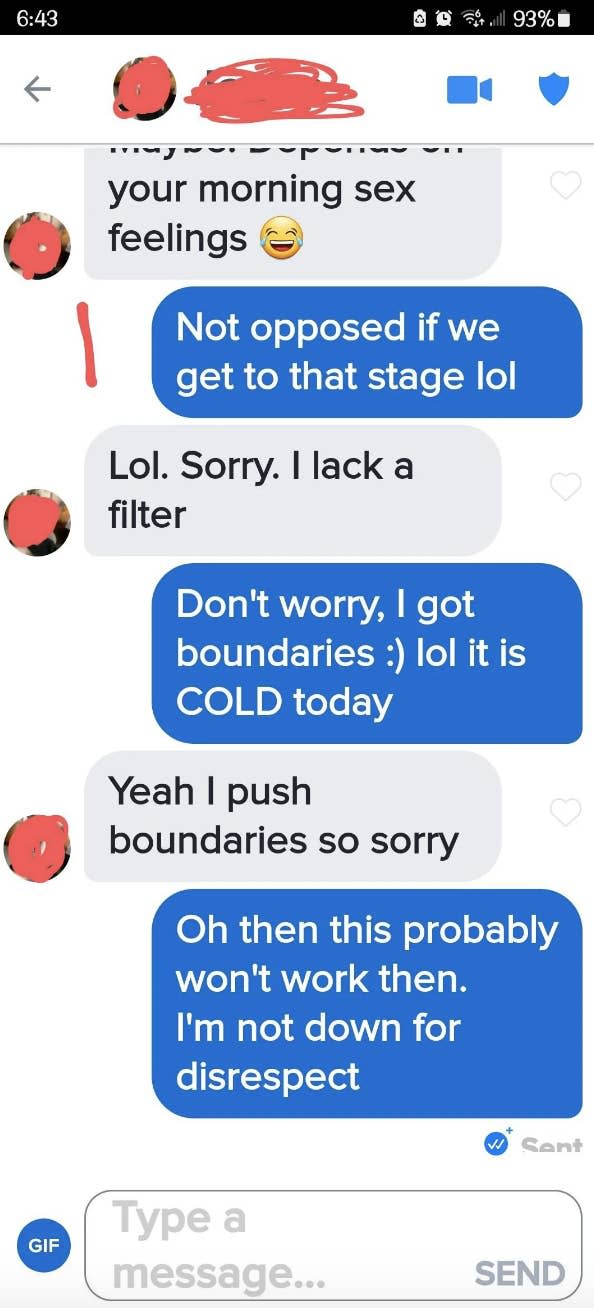 "Yeah I push boundaries — so sorry"