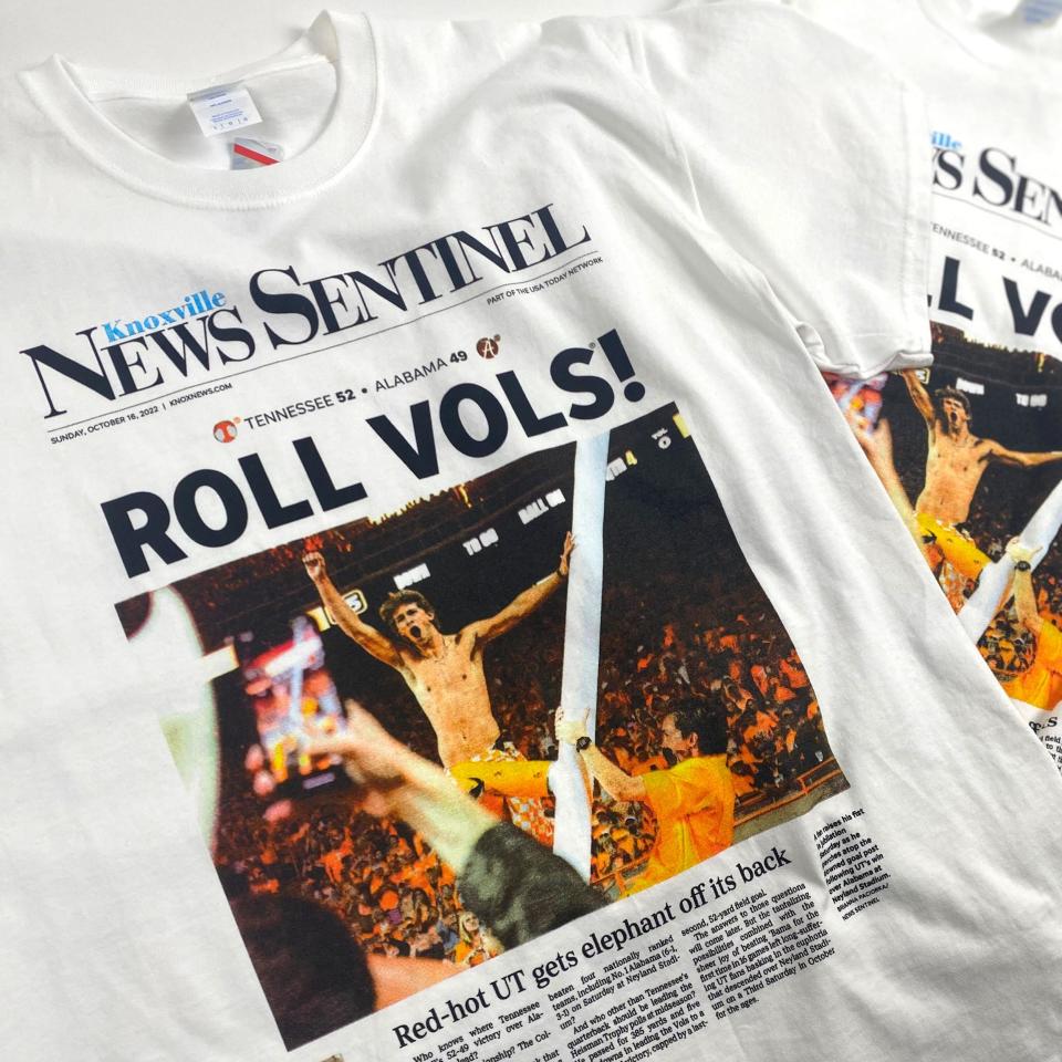 A shirt and sweatshirt featuring the Knox News front page following the Tennessee Volunteers' historic win against Alabama. It's sold at the Vol Shop.