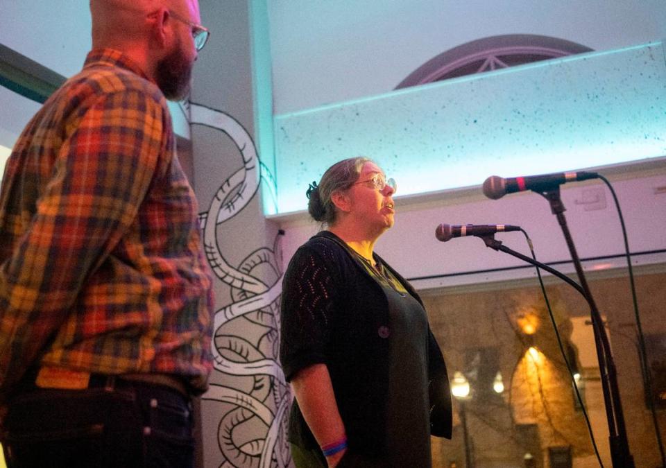 Treasurer Colleen Kennedy thanks supporters during the Centre County Democrats’ Election Night party on Tuesday, Nov. 7, 2023 at 3 Dots Downtown.