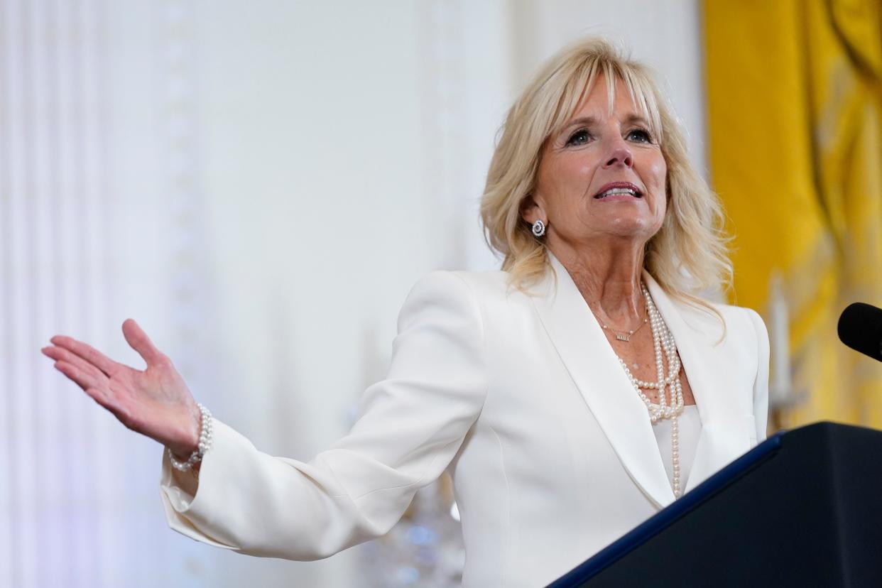 First Lady Jill Biden speaks at an event in the East Room of the White House on June 15, 2022.