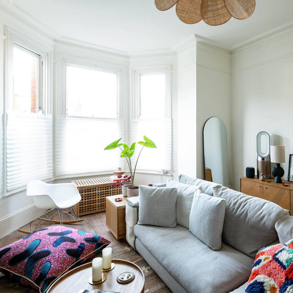 living room with grey sofa