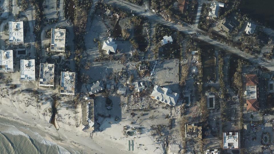 A satellite image shows Sanibel Island iafter Hurricane Ian hit in September 2022.