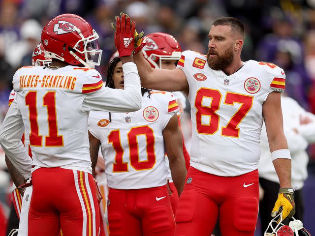 <p>Rob Carr/Getty </p> Kelce posted a hype video ahead of the Super Bowl on Friday