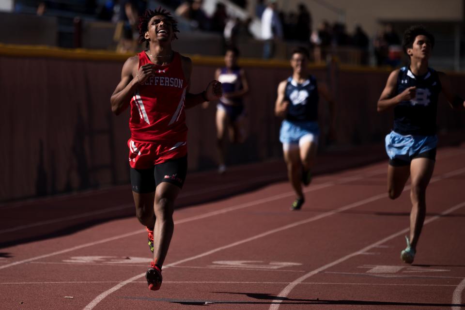 Jefferson's Roman Gomez competes in the 400 meter run at the District 1-5A track and field meet on Thursday, April 6, 2023, at Andress High School.
