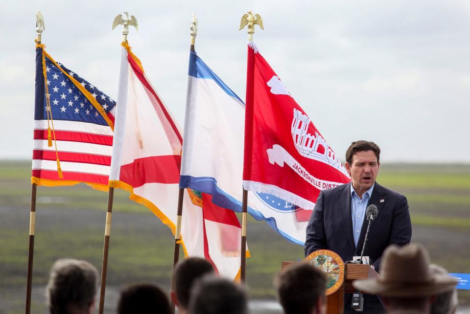 Governor Ron DeSantis speaks at an event for the Central Everglades Planning Project, Thursday, Jan. 25, 2024, in Palm Beach County. The project includes an Everglades agricultural area which features a 10,500-acre reservoir and a 6,500-acre stormwater treatment area.