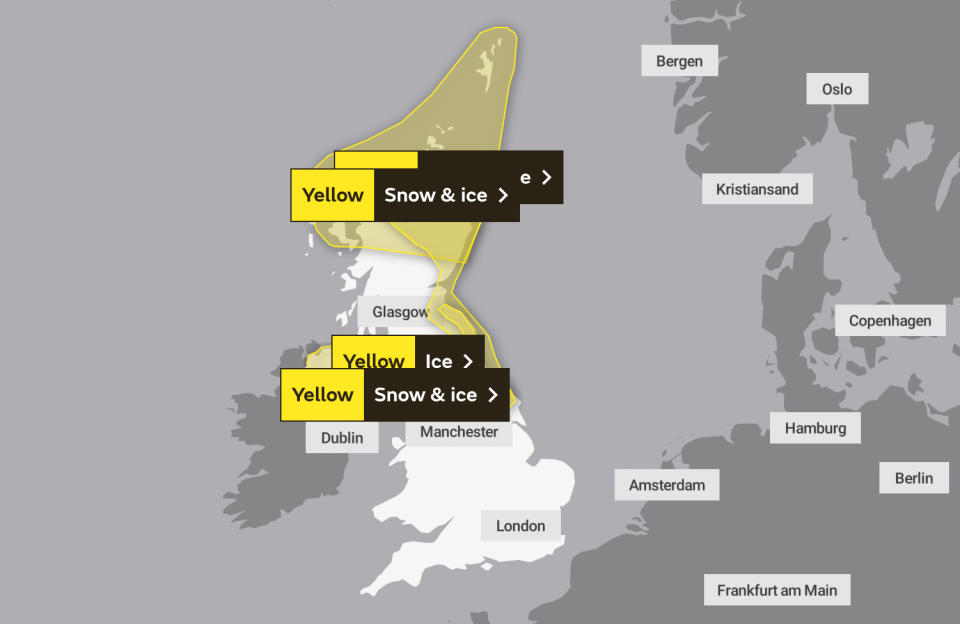 Yellow weather warnings for snow and ice are in place for parts of northern England and Scotland on Wednesday. (Met Office)