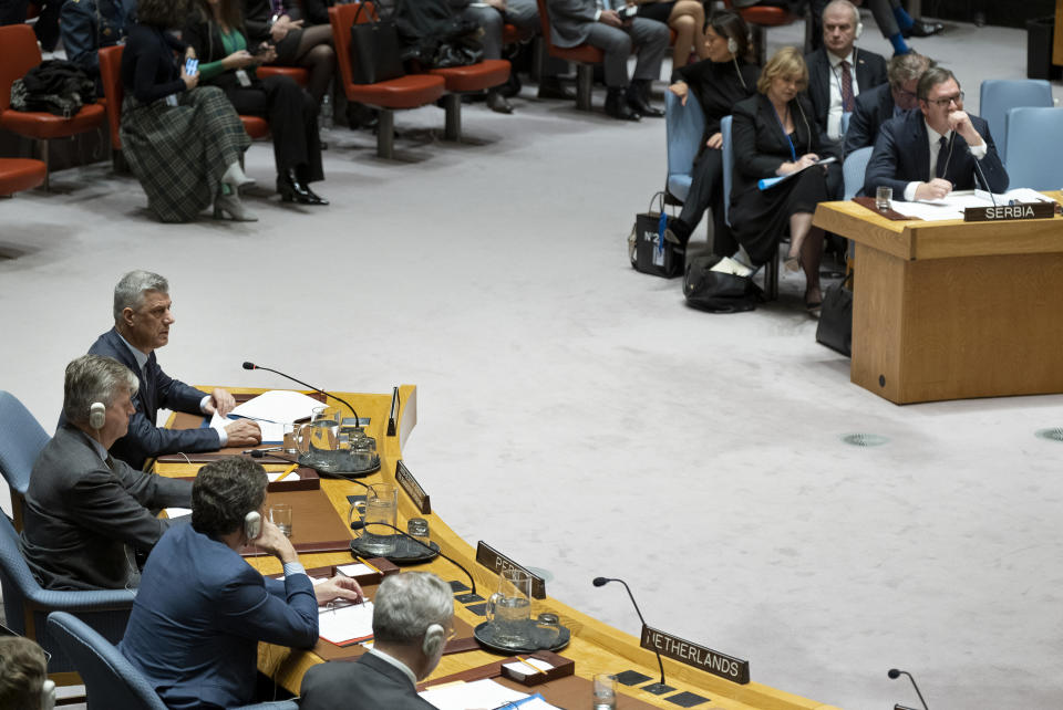 Kosovo president Hashim Thaci, end of row at left, speaks during a Security Council Meeting at United Nations headquarters, Monday, Dec. 17, 2018, as Serbian President Aleksandar Vucic, upper right, and others listen. The presidents of Serbia and Kosovo addressed the U.N. Security Council on Monday afternoon following Kosovo's decision to transform its existing 4,000-strong security force into a regular army and Serbia's threat of armed intervention. (AP Photo/Craig Ruttle)