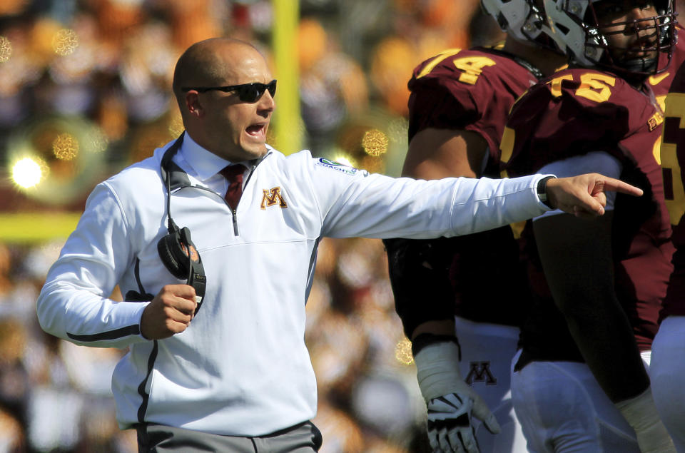 Minnesota P.J. Fleck directs his team against Maryland in the fourth quarter of an NCAA college football game on Saturday, Sept. 30, 2017, in Minneapolis. Maryland defeated Minnesota 31-24.(AP Photo/Andy Clayton-King)
