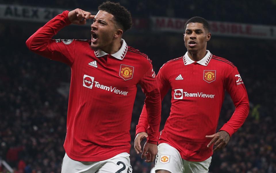 Jadon Sancho of Manchester United celebrates scoring their second goal during the Premier League match between Manchester United and Leeds United - Super-sub Jadon Sancho rescues point for Man Utd and denies Leeds precious win - Getty Images/Matthew Peters